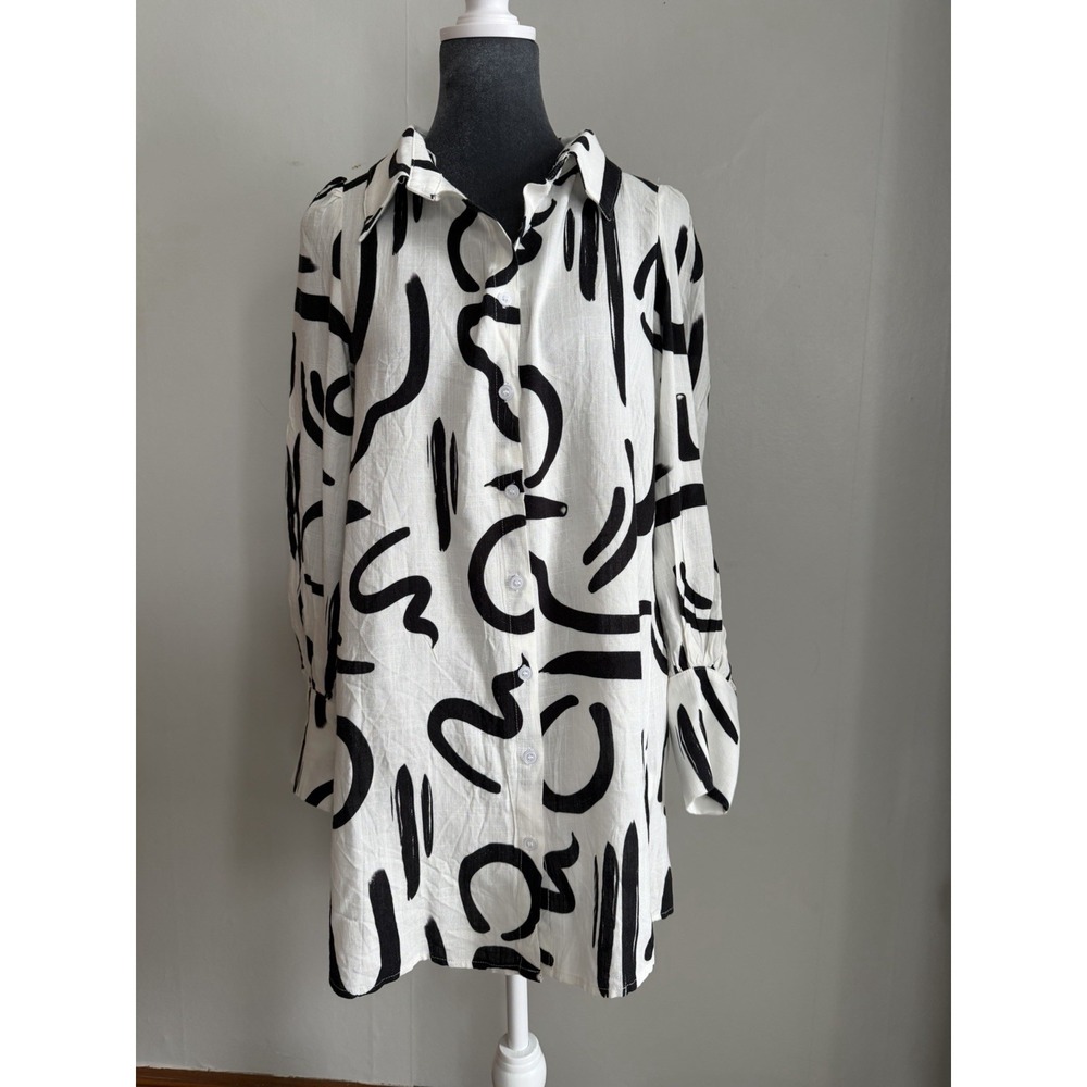 Linen Blend Abstract Tunic Blouse‎ Top, XS euro summer lagenlook button up